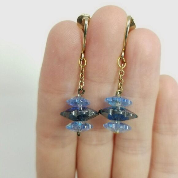 Vintage Blue Beaded Dangle Clip On Earrings, Gold Tone Setting, Lightweight - Picture 4 of 5